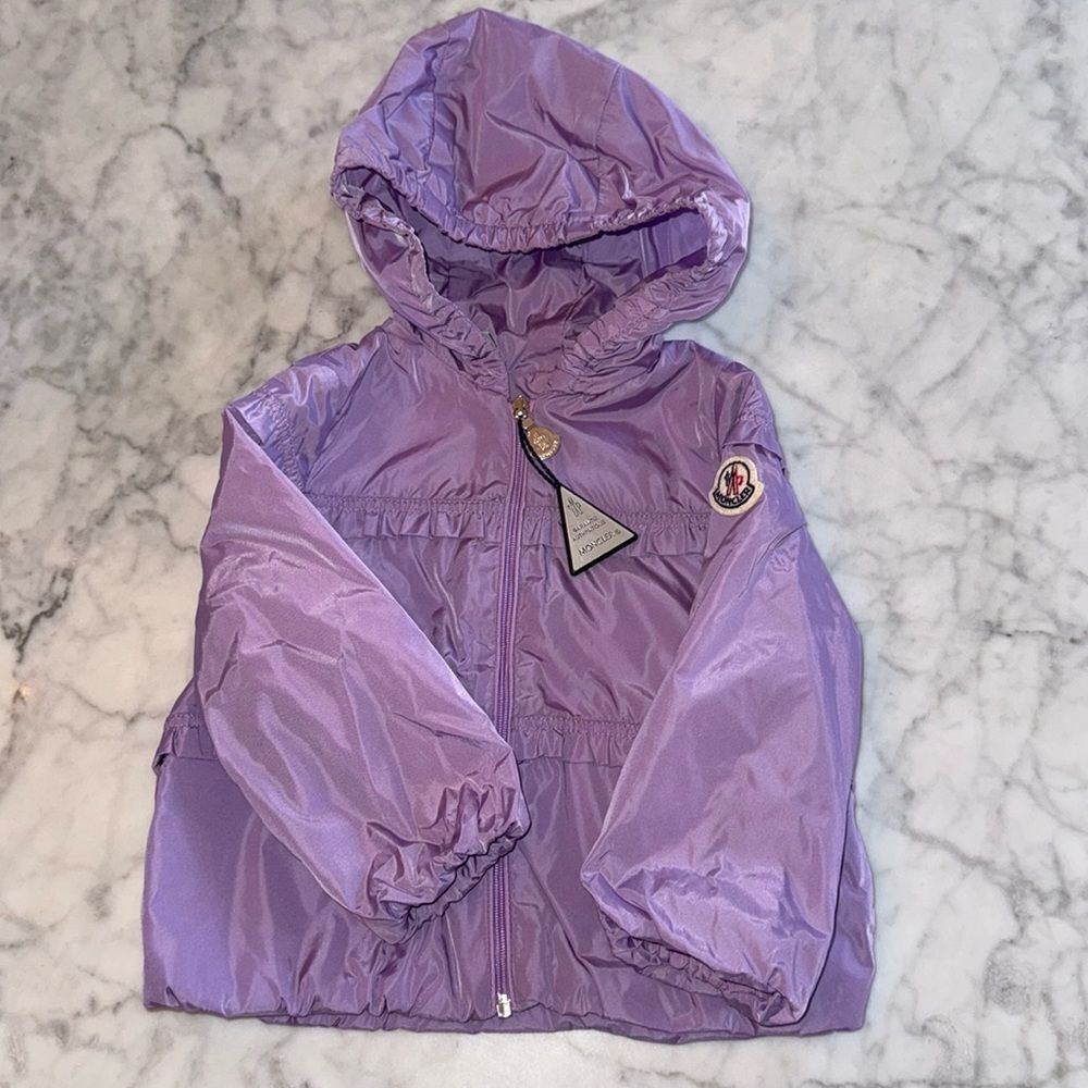NWOT MONCLER LIMITED PURPLE RUFFLE HITI HOODED RAIN JACKET 12/18M